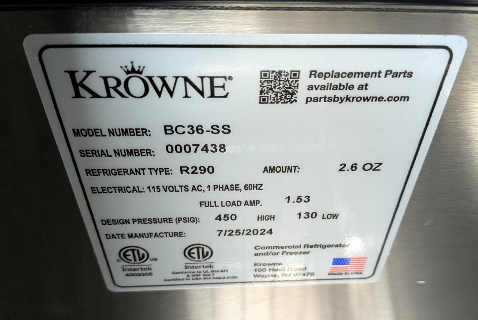 Krowne BC36-SS Bottle Cooler, Flat Top, 36 in. W x 24 in. D, Used