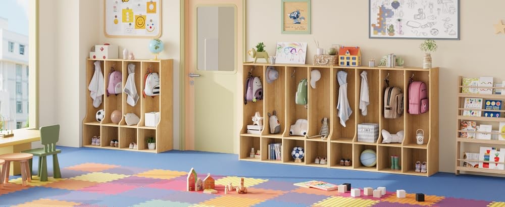 4-Section Classroom Coat Locker 4 Cubbies 8 Hooks Natural Oak for Home School