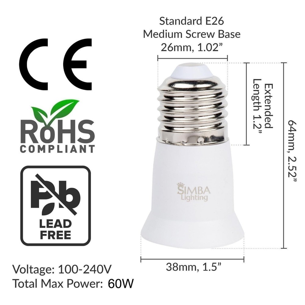 [4 Pack] Simba Lighting E26 Light Bulb Socket Extender 3cm / 1.2in Adapter White