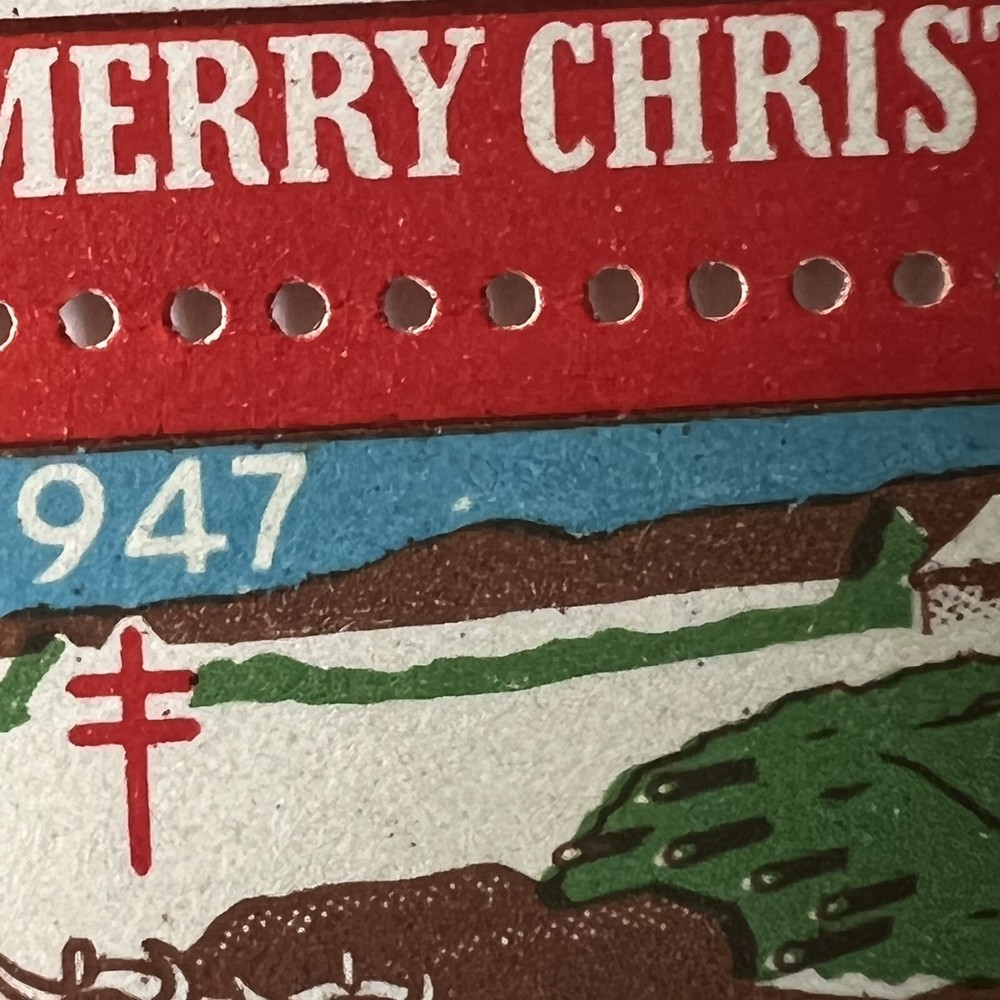 ERROR 1947 CHRISTMAS SEAL BLOCK WITH WHITE DOT ABOVE MOUNTAIN RANGE