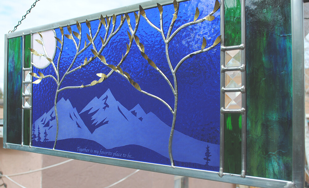 Stained Glass Window Panel two trees beveled blue mountain