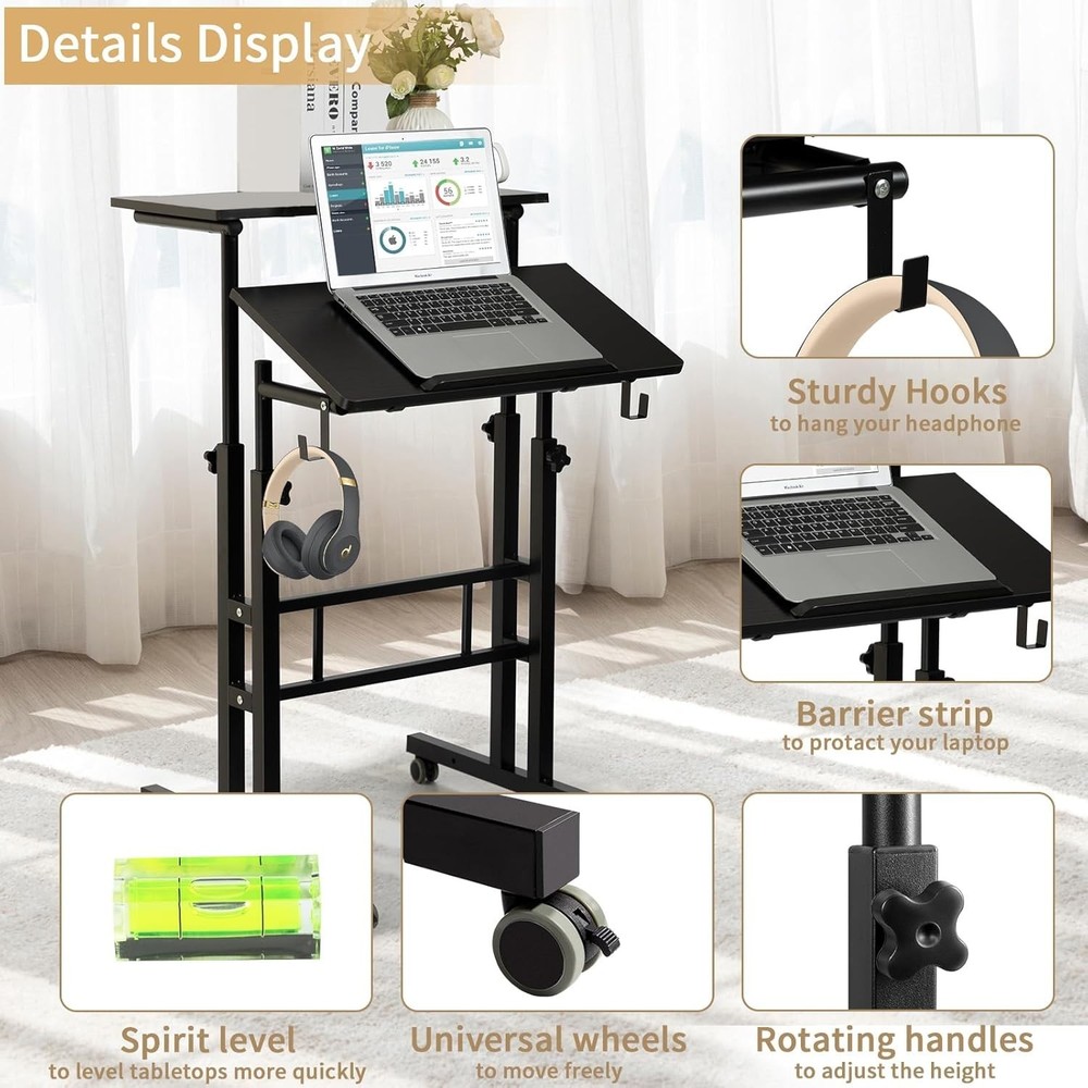 Mobile Adjustable Height Standing Desk with Wheels – Ergonomic Black Workstation