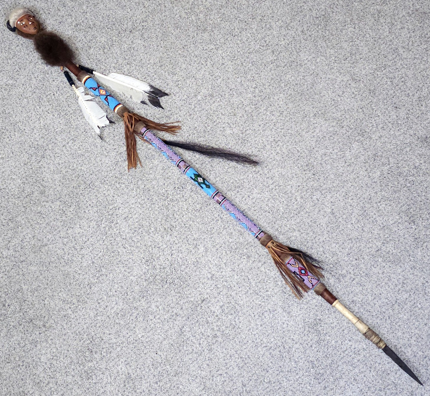 Vintage Native American Ceremonial Beaded Lance Spear 58" Indian Coup Staff