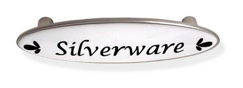 3" Silverware Drawer Pull  Black Script and Satin Nickel