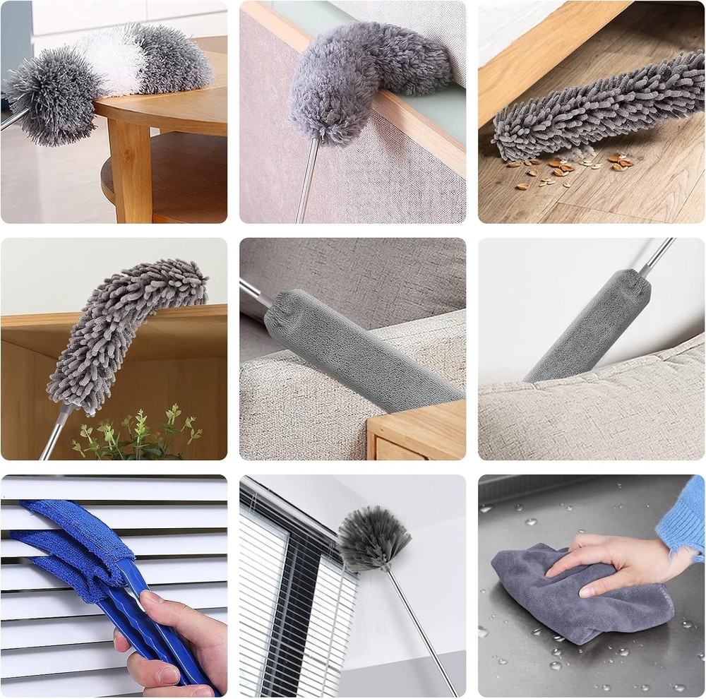 Complete 11PCS Microfiber Duster Kit with Extension Pole for Elegant Cleaning