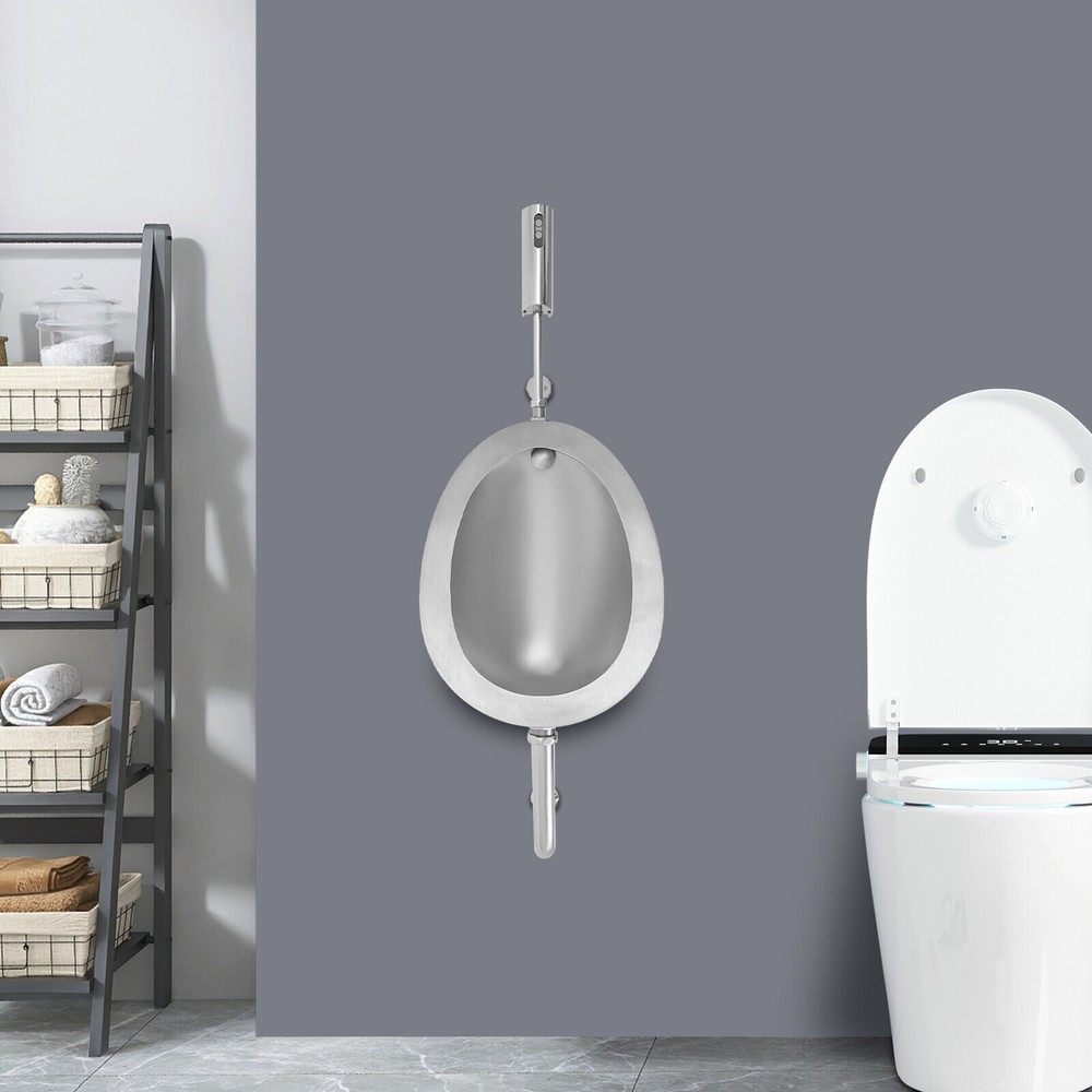 Oval Silver Stainless Steel Wall-Mounted Urinal with Automatic Sensing