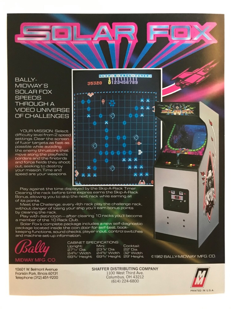 1982 Bally Midway Solar Fox Arcade Game Flyer - Excellent Condition