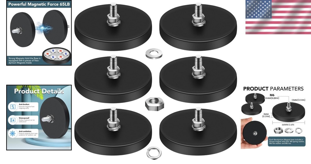 Rubber Coated Magnets, 2.6 Inch, 65LBS Pull Force, M6 Studs