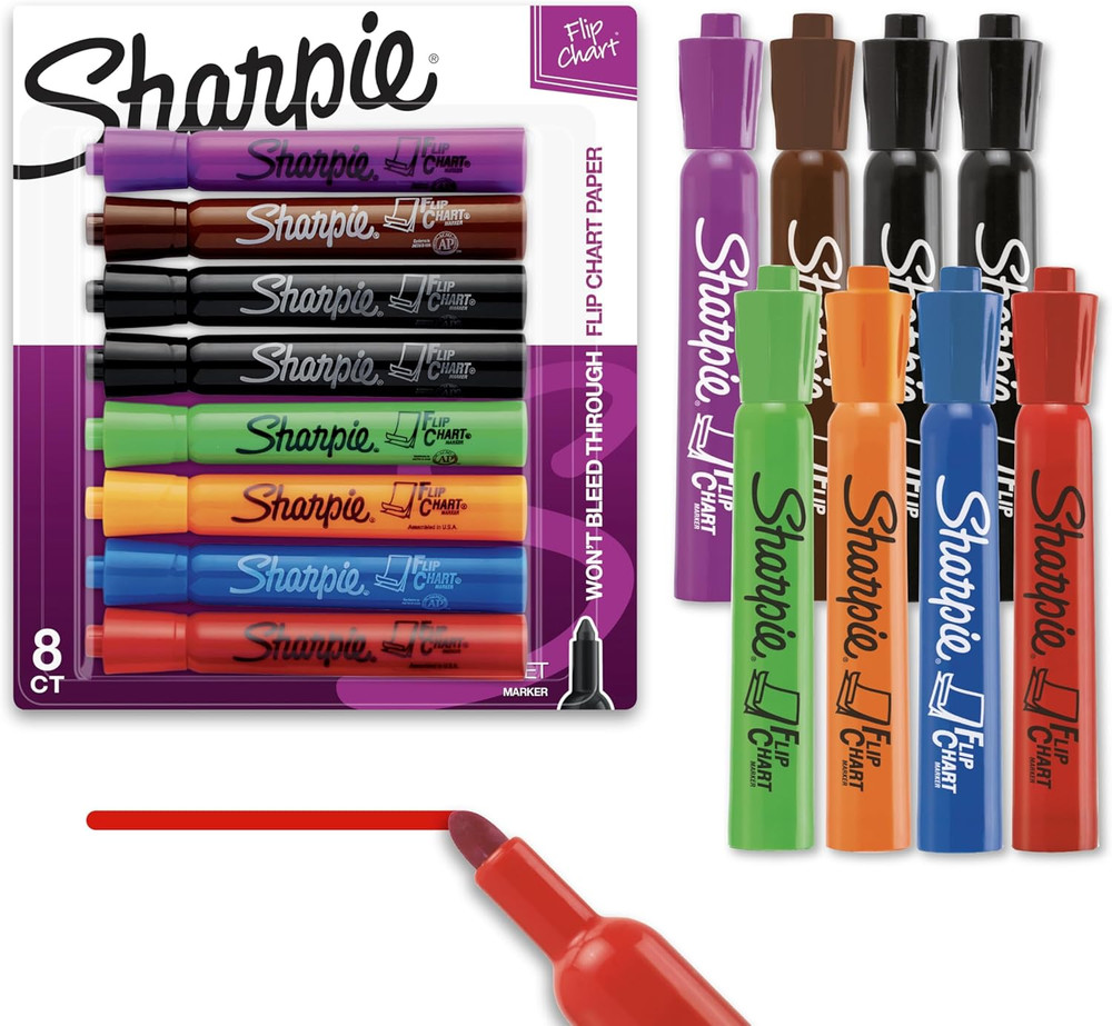 Sharpie Flip Chart Markers, Bullet Tip, Assorted Colors, 8 Count - Low-Odor, Squ