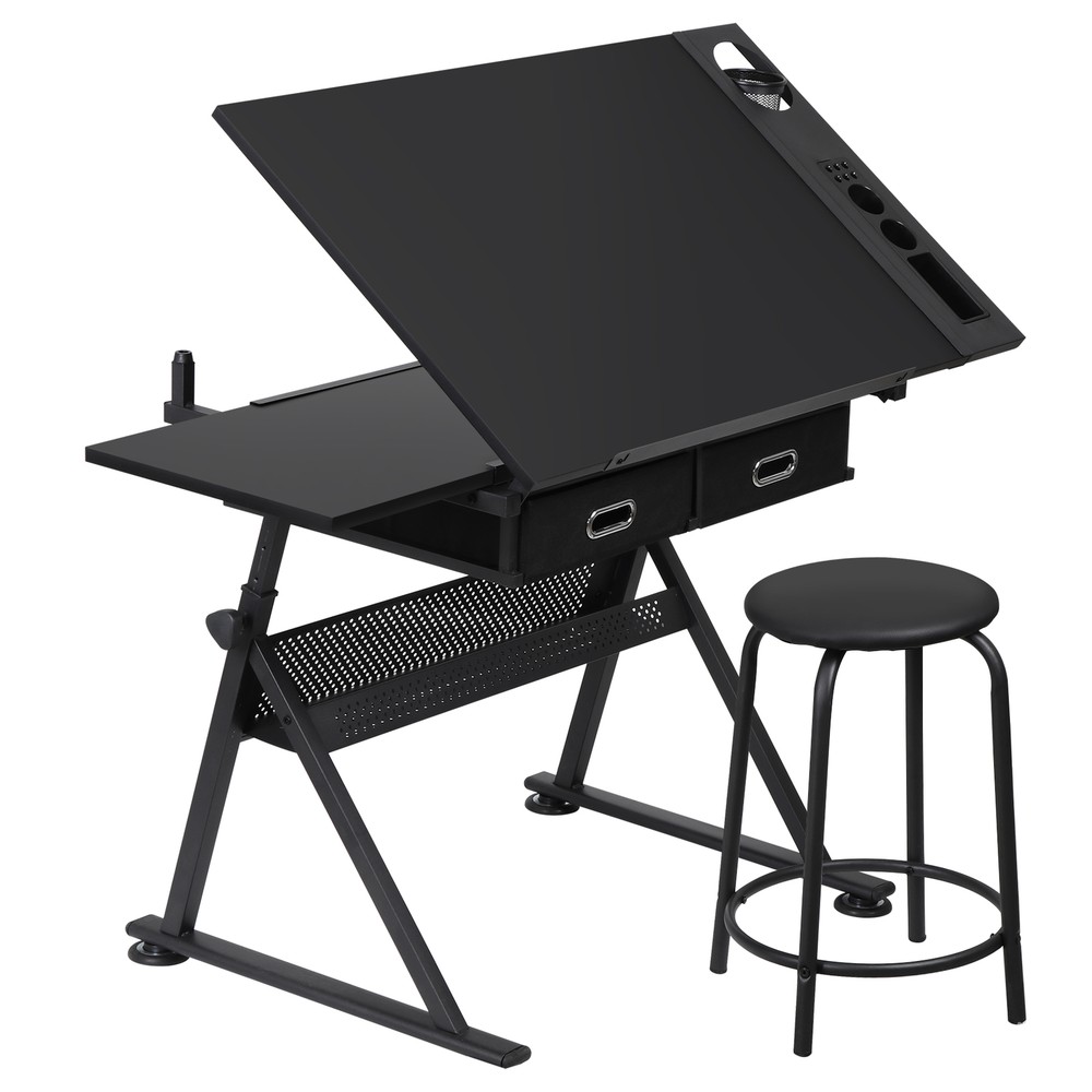 Drafting Table Art Desk Drawing Table Height Adjustable w/2 Drawers &Stool Black