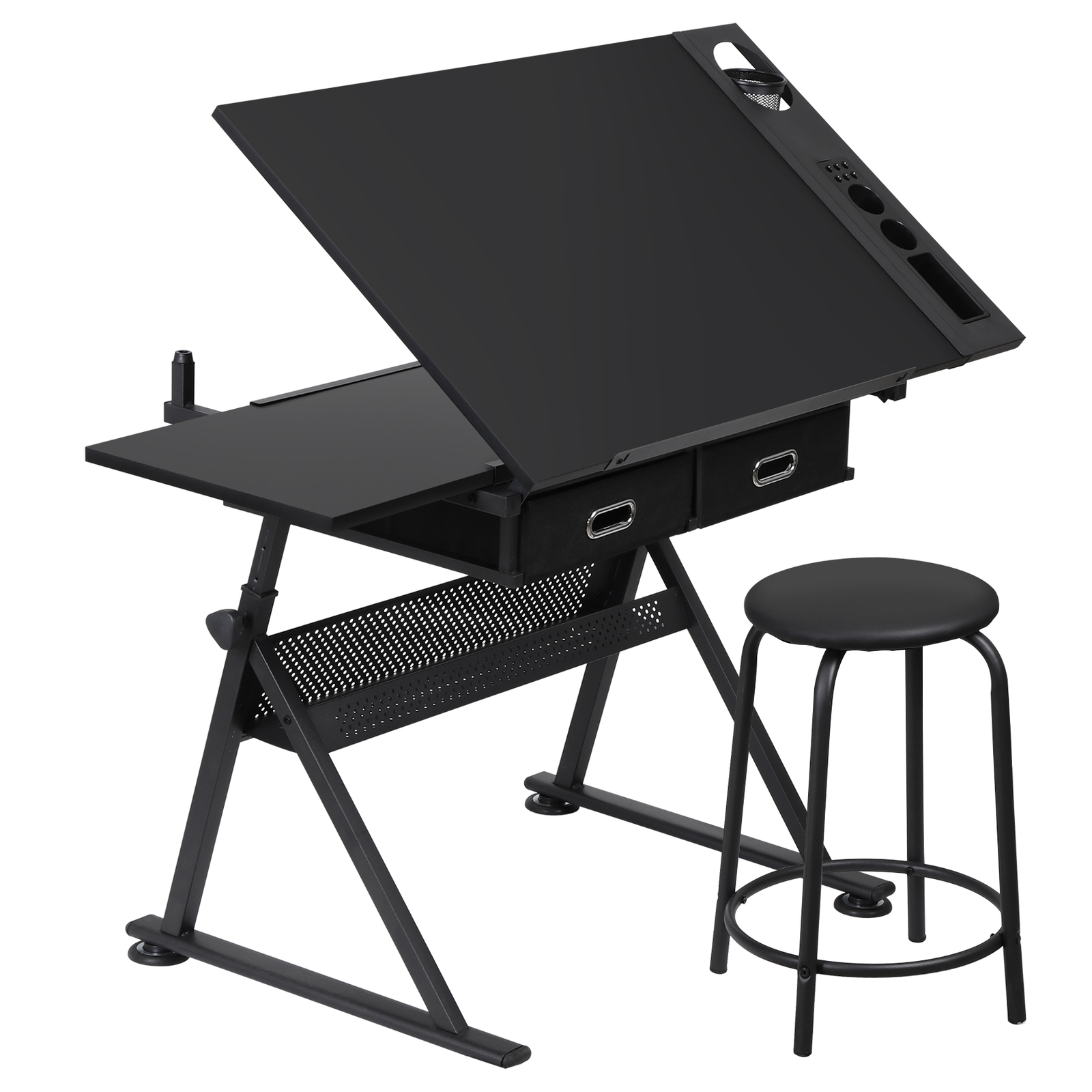 Drafting Table Drawing Desk Art Craft Workstation Adjustable with Stool Black