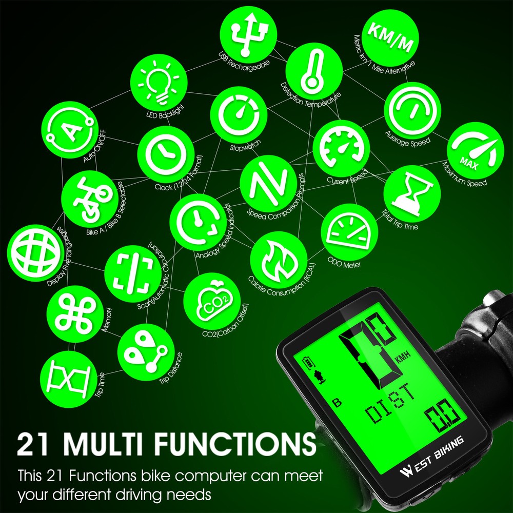 WEST BIKING Waterproof USB Rechargeable Wireless Bicycle Computer Speedometer