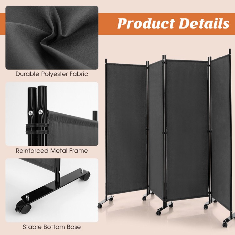 4-Panel Folding Room Divider with Lockable Wheels - Portable Privacy Screen