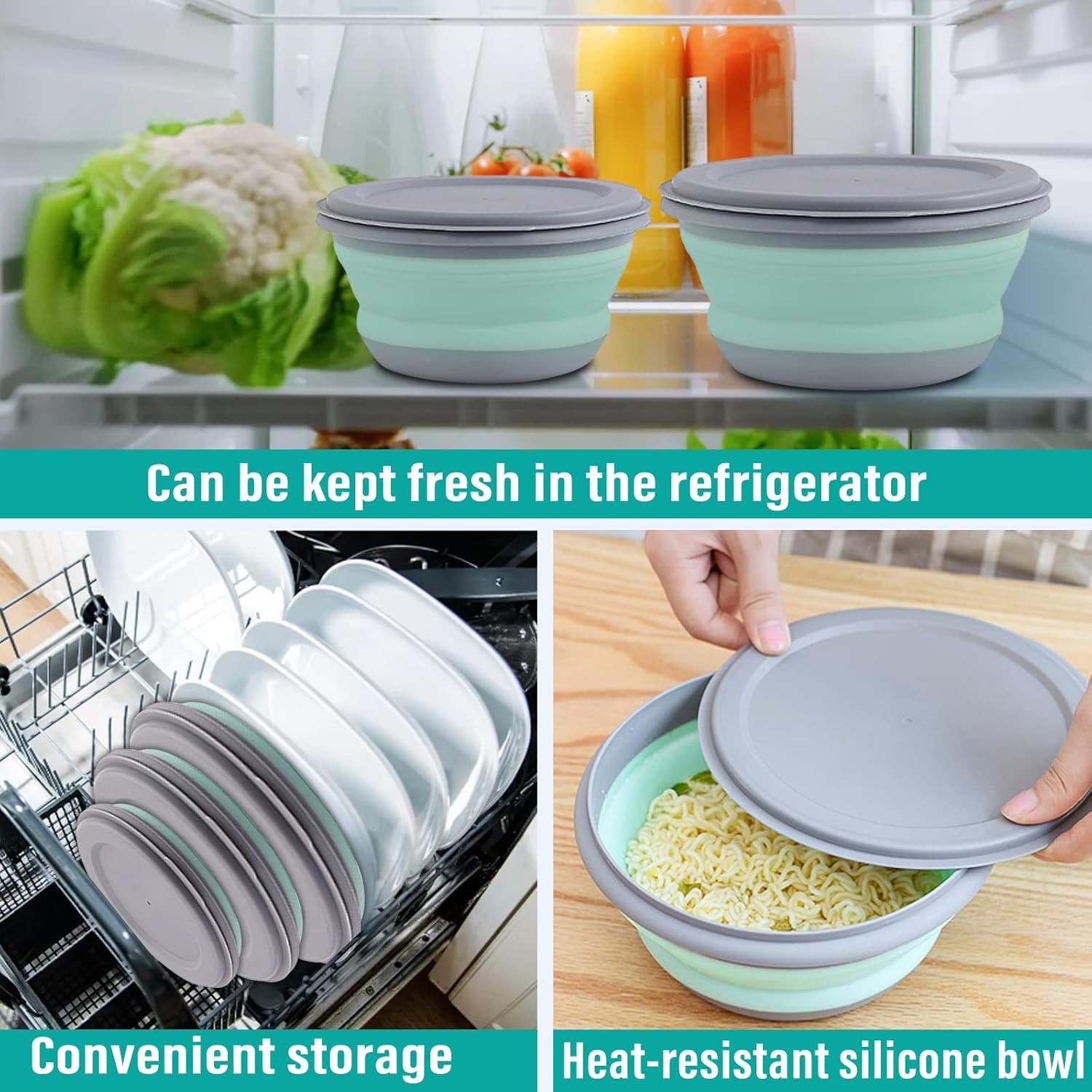 Collapsible Bowls, 3Pcs Food Grade Silicone Camping Bowl Salad Bowl with Lids, P