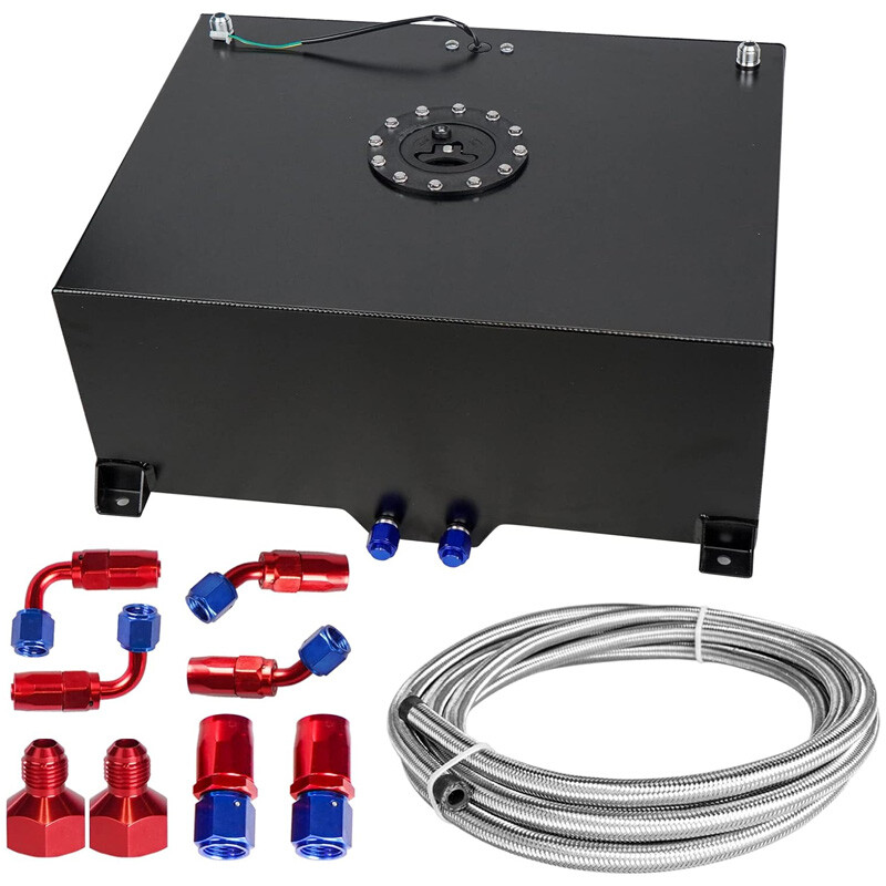 20 GALLON BLACK ALUMINUM FUEL CELL GAS TANK+CAP+LEVEL SENDER+STEEL FUEL LINE KIT