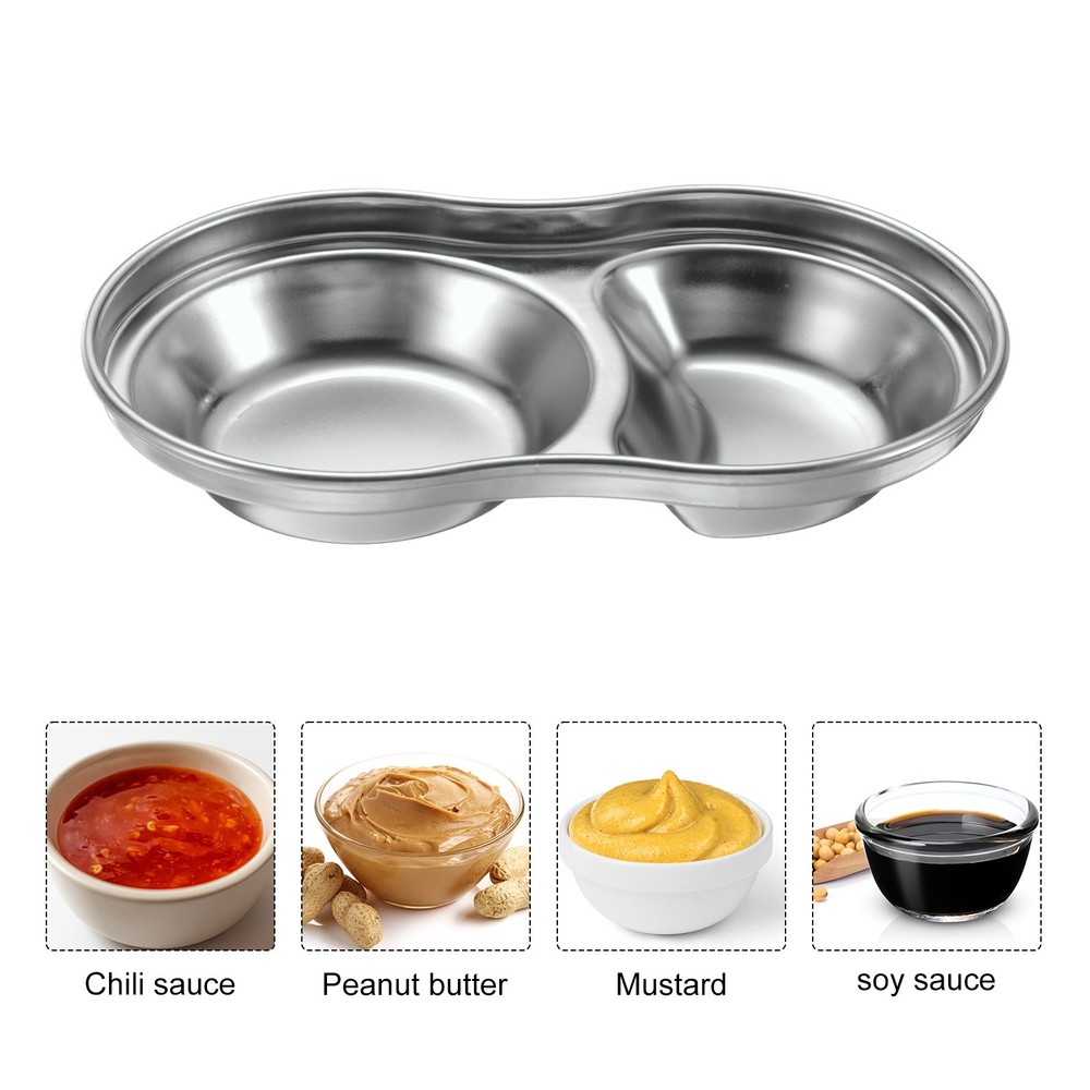 6pcs Metal Dish Dipping with 2 Round Compartment Divided Silver