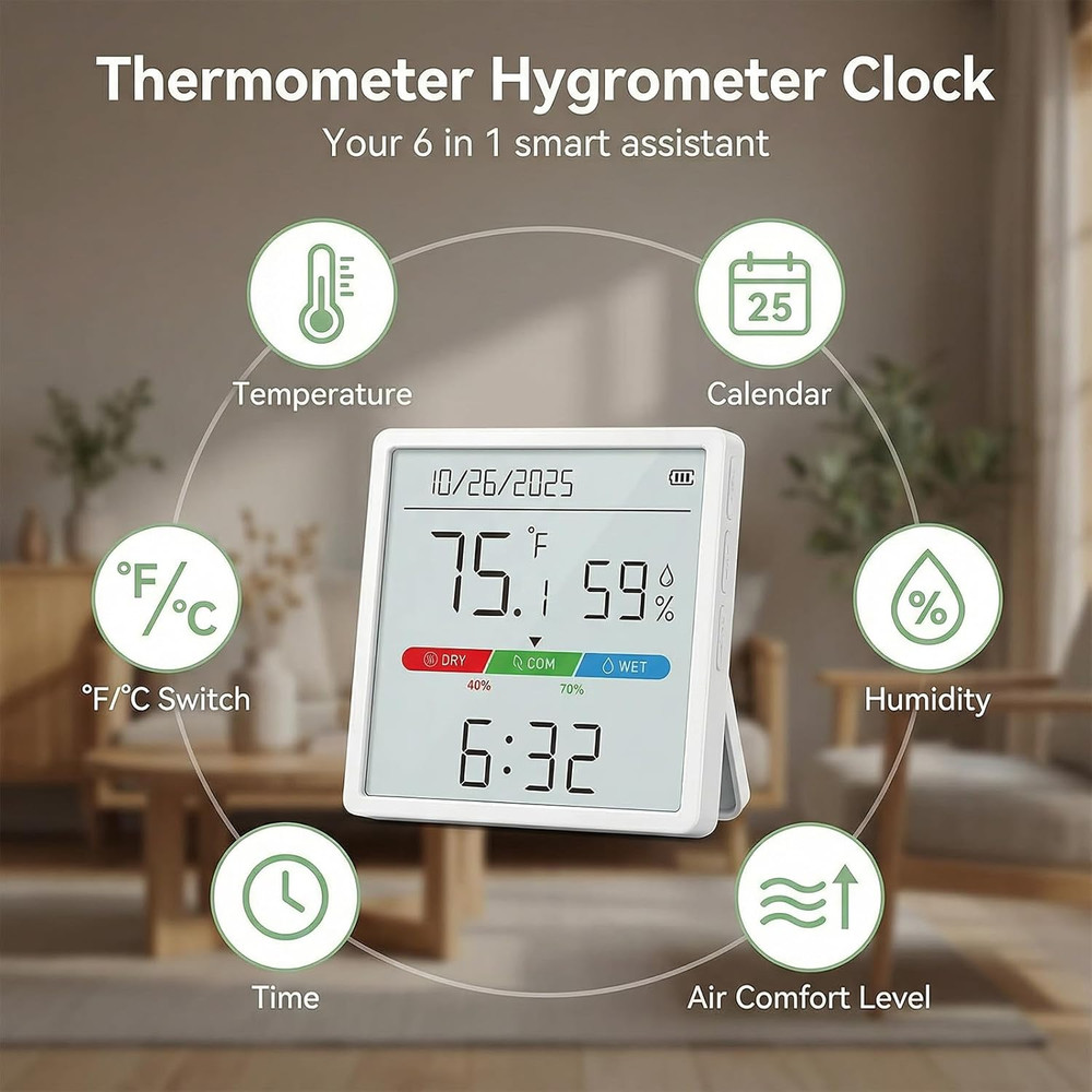 Indoor Thermometer Hygrometer with 4.4" Large Display, Digital Temperature & Hum