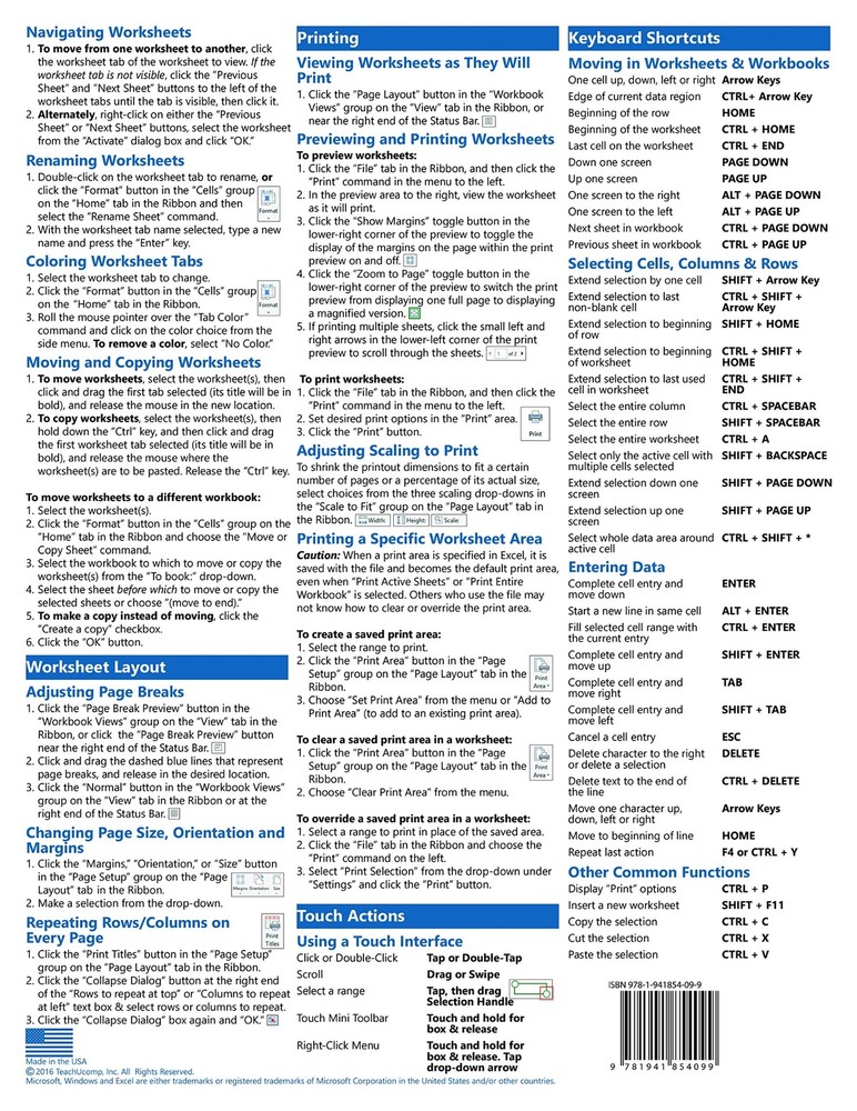 Excel 2016 Training Guide Quick Reference Card 4 Page Cheat Sheet Instructions