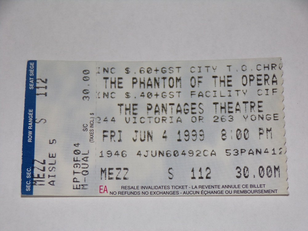 KISS Ticket Stub PAUL STANLEY Phantom Of The Opera Jun4 '99 Pantages Canada