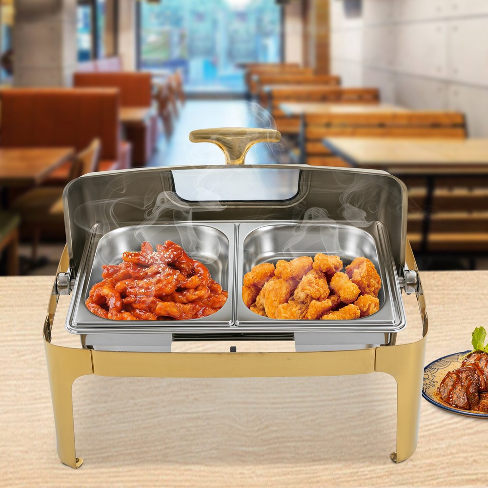 Roll Top Chafing Dishe Chafing Dish with 2 Food Pans & Visible Lid Rectangular