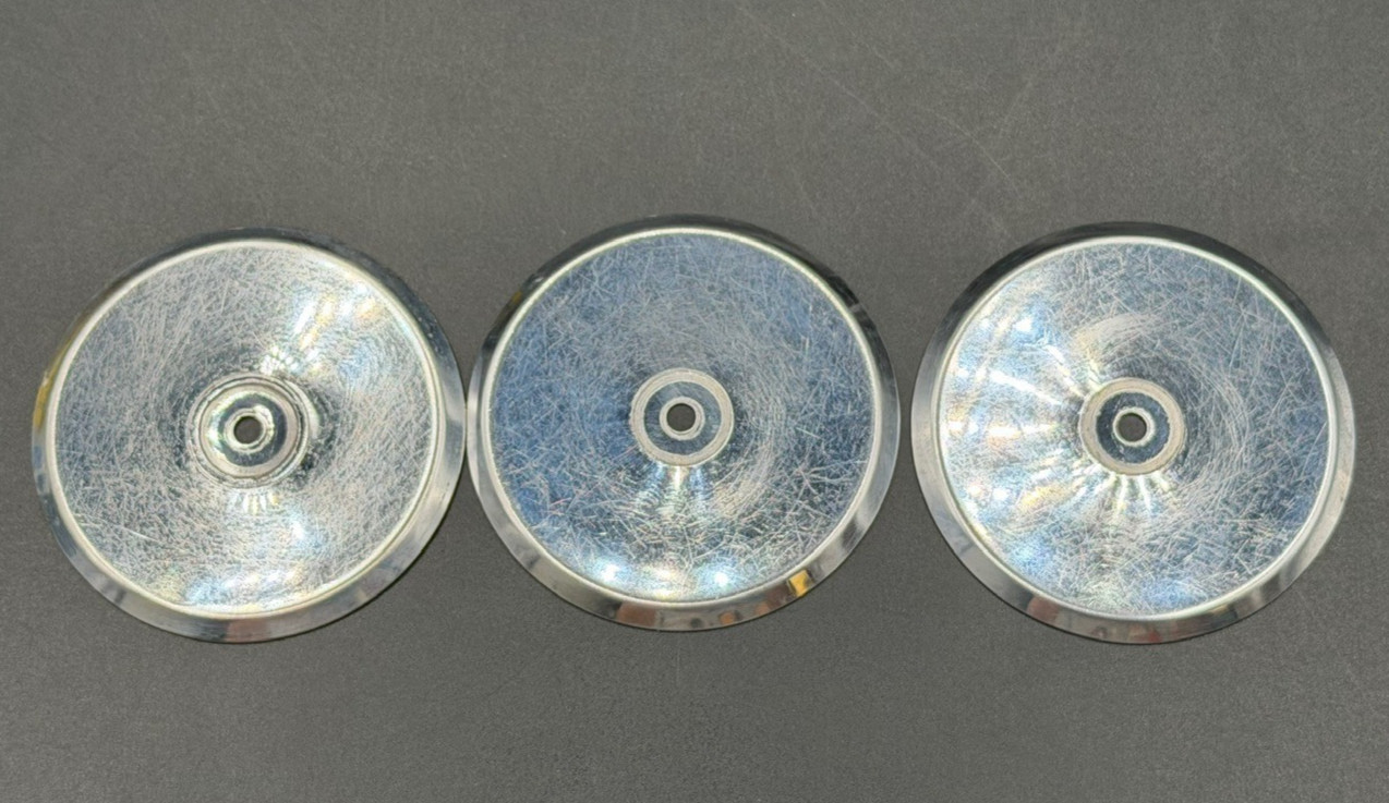 3 Vintage Chrome Concave Round Pull Knobs w/ Matching Backplates & Screws.