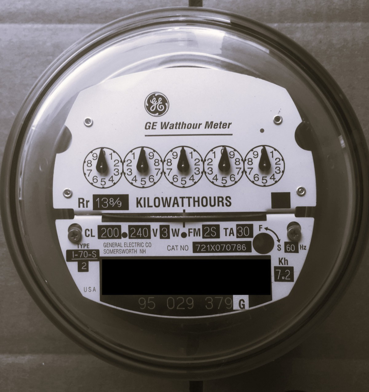 GENERAL ELECTRIC, WATTHOUR METER KWH, I-70S, 240V, FM2S, 200A, 4 LUG, ZERO RESET
