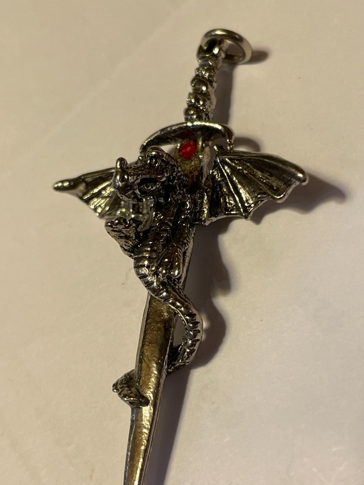 Pendant - Flying Dragon on Dagger with red stone