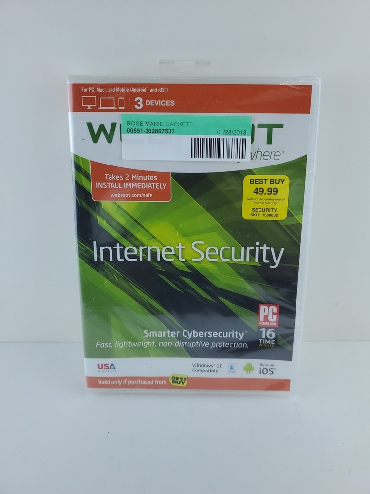 Webroot Secure Anywhere Internet Security 3 Devices for PC/MAC/Mobile NEW/SEALED