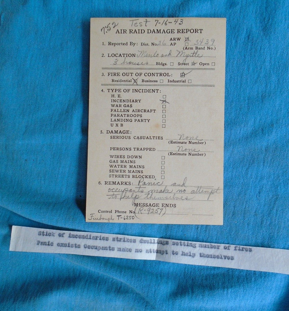 WWII Air Raid Damage Report, dated test, with original instructions