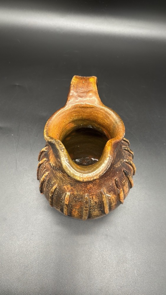 Rustic Primitive Glazed Pottery Small Jug Pitcher Raised Ridges 6”