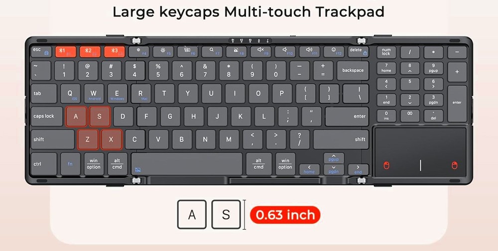 Foldable Bluetooth Wireless Keyboard - Full-Size Keys - Trackpad - Number Keys
