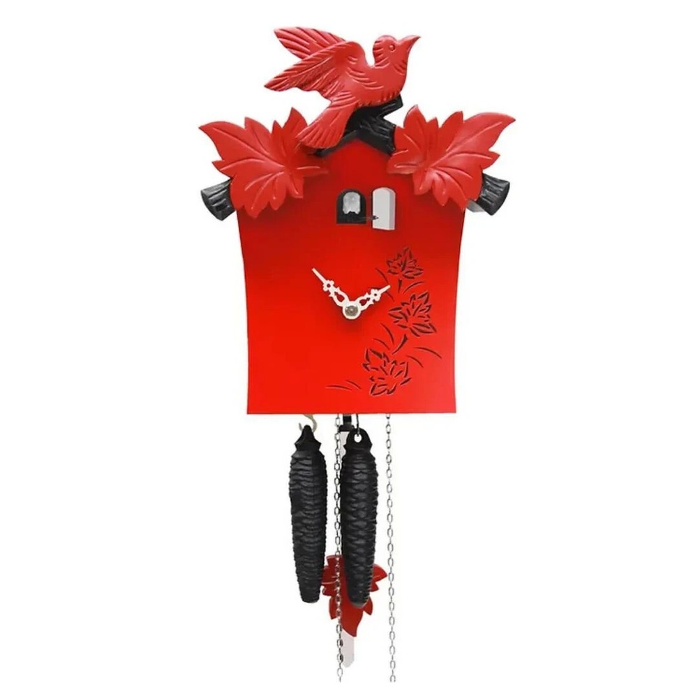 Exquisite Modern Red Cuckoo Clock with Handcarved Bird, Handmade Rectangle