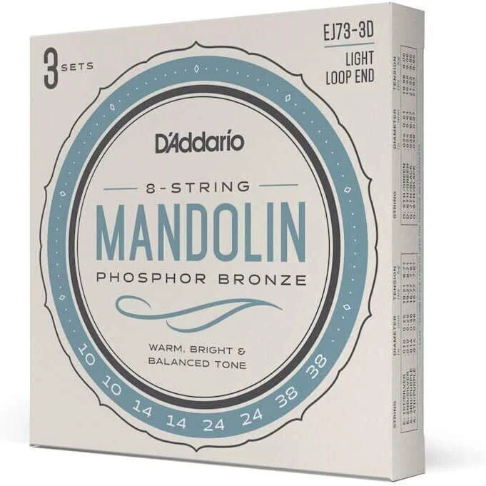 D'Addario EJ73-3D Mandolin Strings, Phosphor Bronze, Light, 10-38, 3 Sets