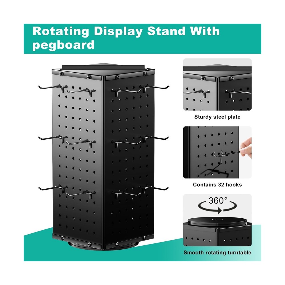 Rotating Peg Board Display Stand 32 Hooks 4-Sided Metal Rack Black