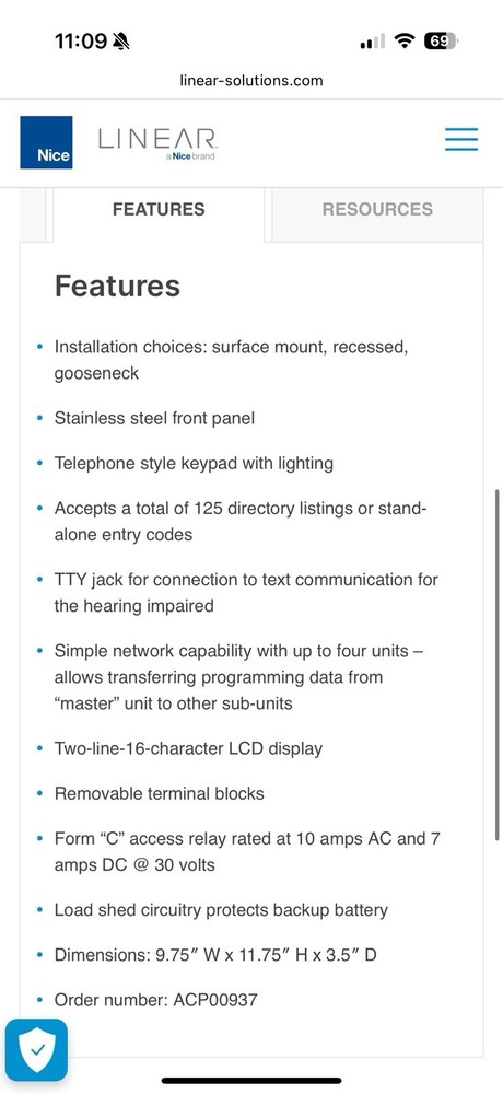 Linear Intercom AE-100 Telephone Entry System