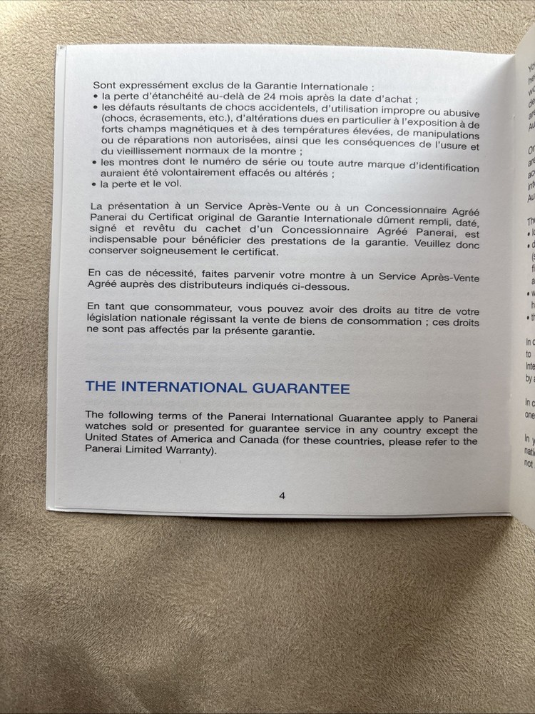 Panerai Watch Guarantee Booklet