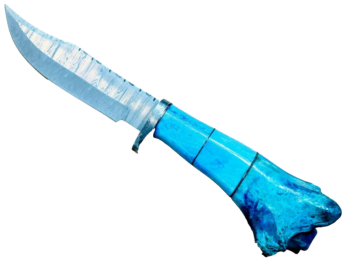 Blue Stag Bone Handle Damascus Fixed Blade Knife, Custom Made