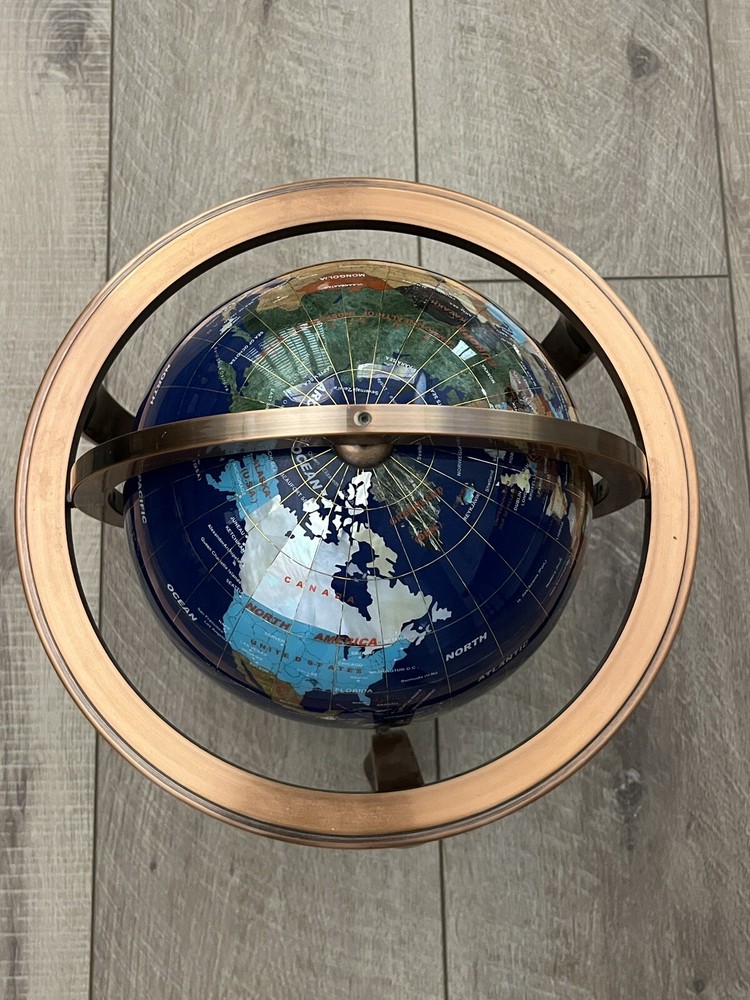 Blue Lapis Rotating Globe Precious Inlaid Stone Solid Brass w/ Compass