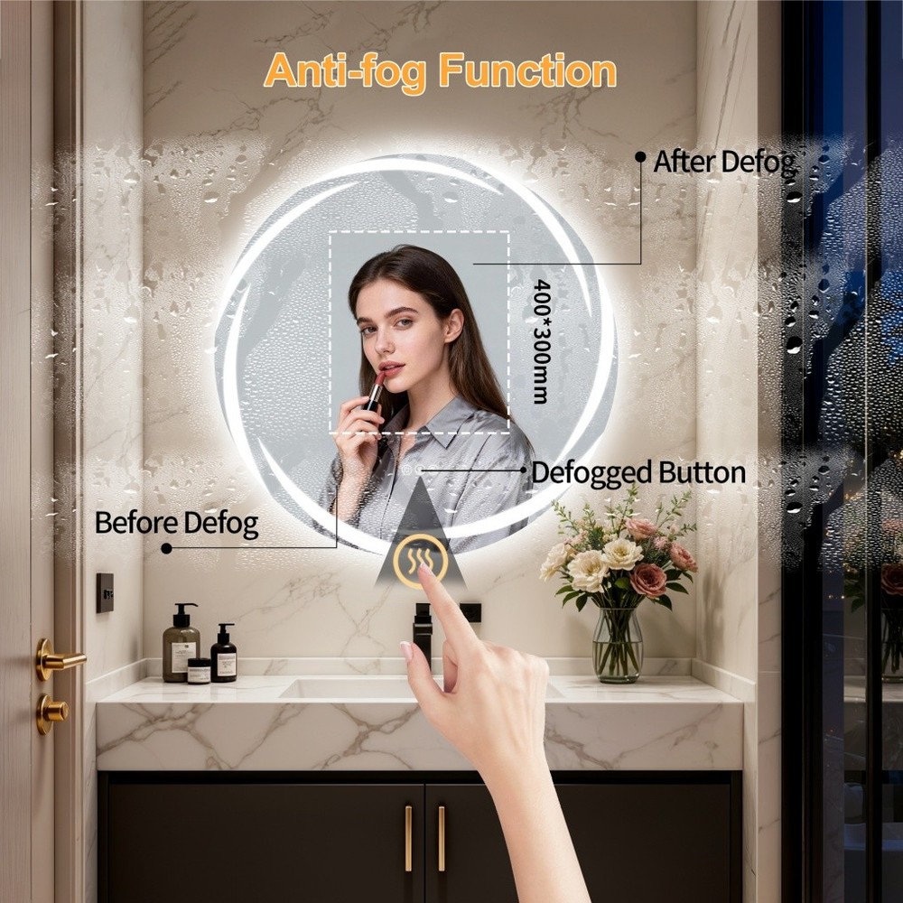 32" Smart LED Bathroom Mirror Wall-Mounted with Bluetooth Speaker Dimmable Round