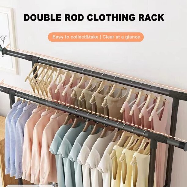 Heavy Duty Clothing Garment Rack Rolling Double Rails Clothes Organizer Hanger