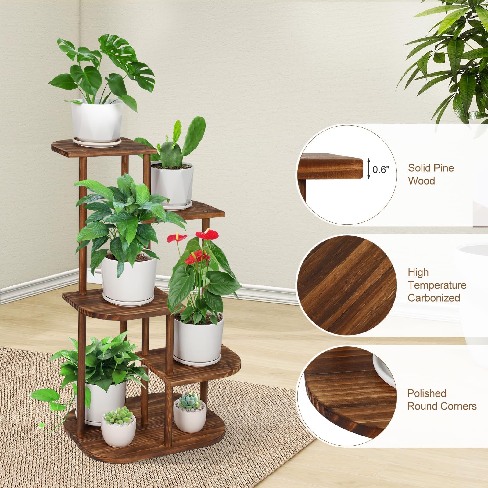 Jotsport 5 Tier Wood Plant Stand for Multiple Plants Indoor Carbonized
