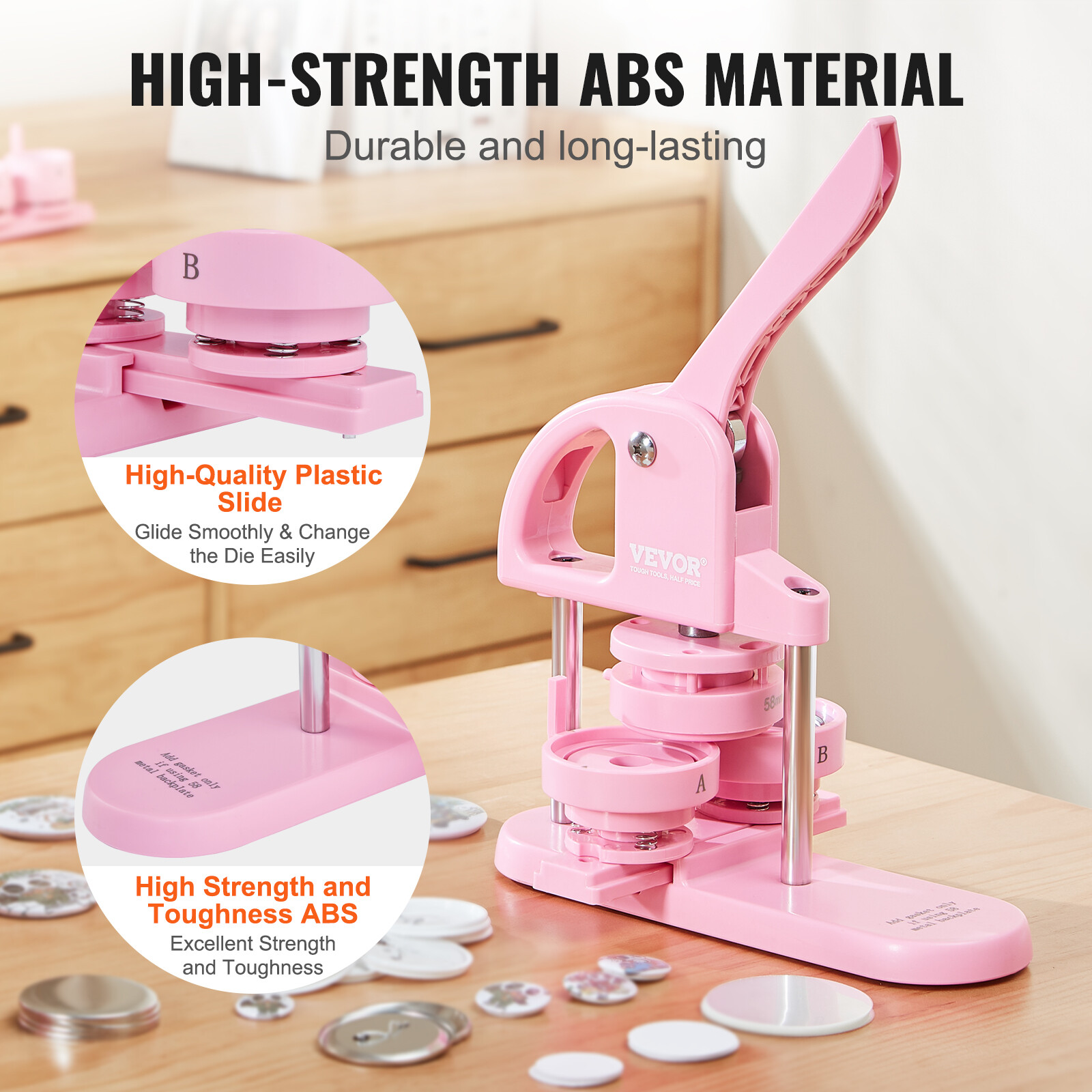 VEVOR Button Maker Machine Pin Badge Maker 1/1.25/2.28 inch 3-in-1 Pink for DIY