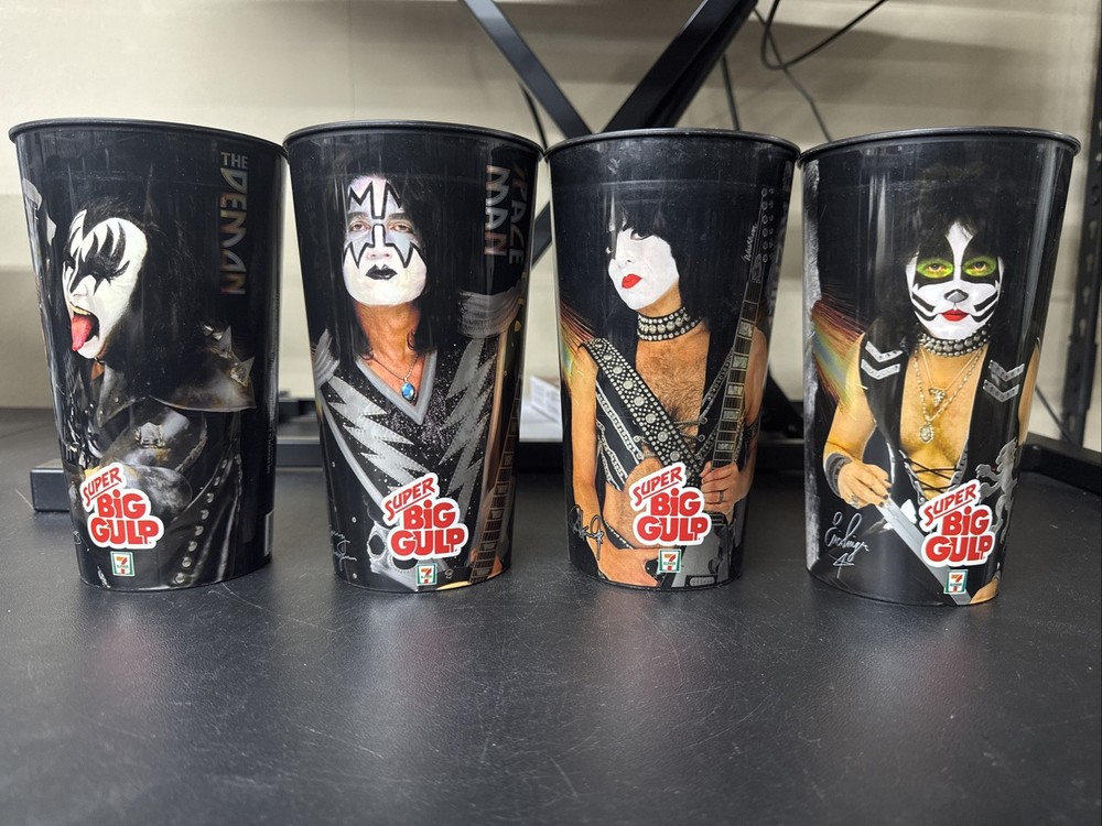 KISS Set of Four 7-11 Super Big Gulp Plastic Cups 2010 Gene, Paul, Tommy, & Eric