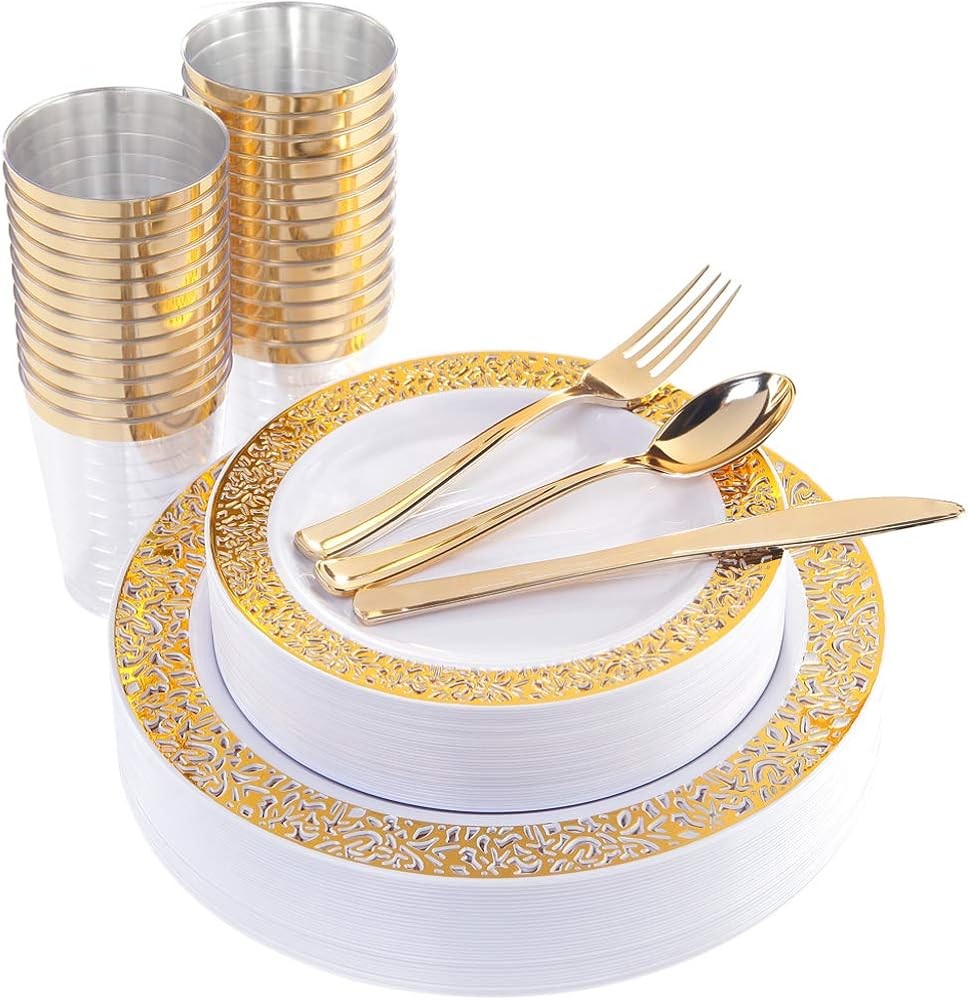 Gold Plastic Plates, Gold Rim Plastic Dinnerware Set, Includes: 25