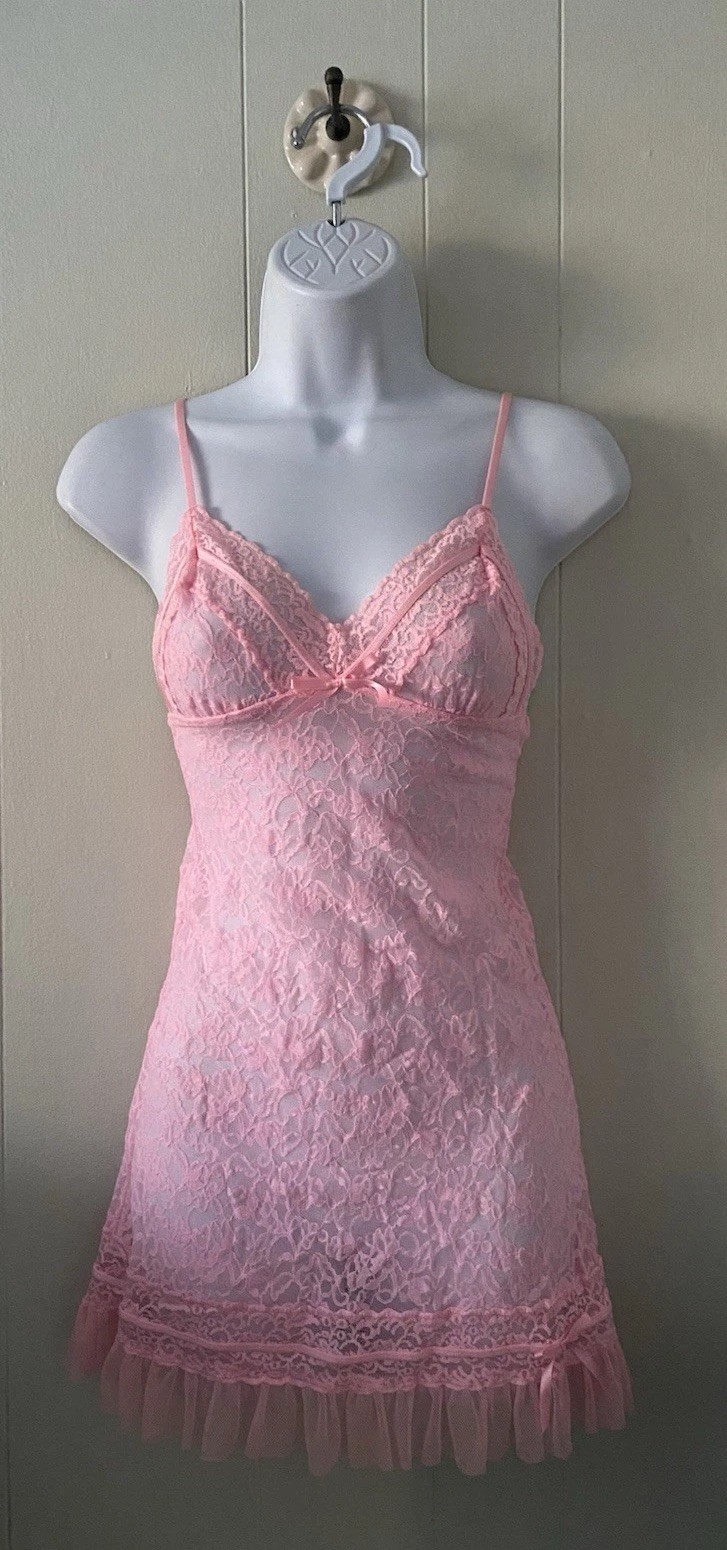 Victoria's Secret Lace Slip Dress Sz XS?  Light Pink Sheer Ruffle Bow Lingerie