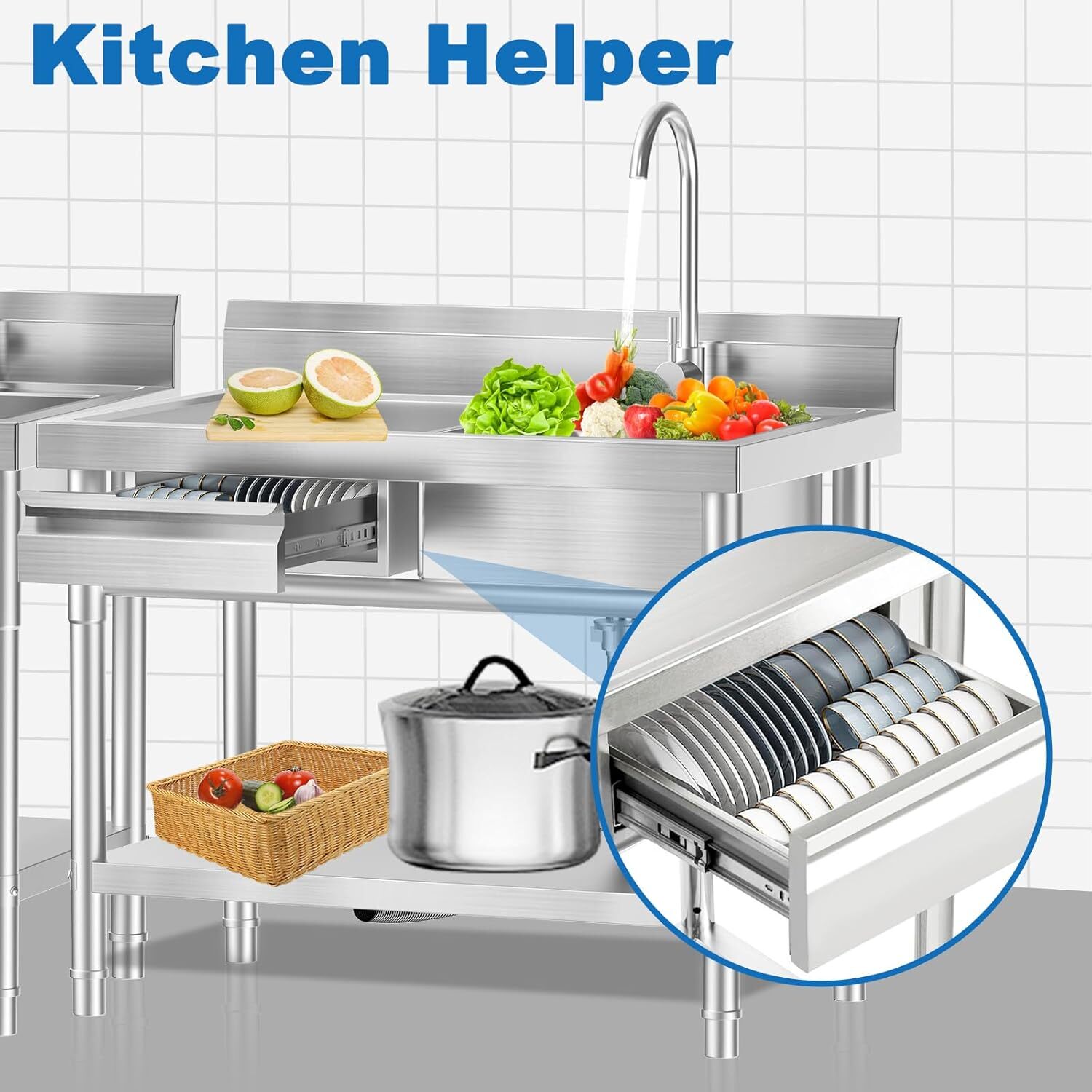 All-In-One Stainless Steel Freestanding Sink with Drawers for Laundry Room Use