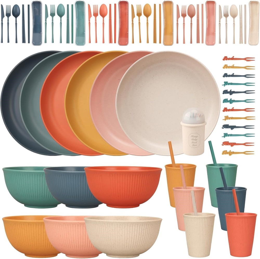 66 Pc MultiColor Plastic Dinnerware & Cutlery Set Microwave Safe