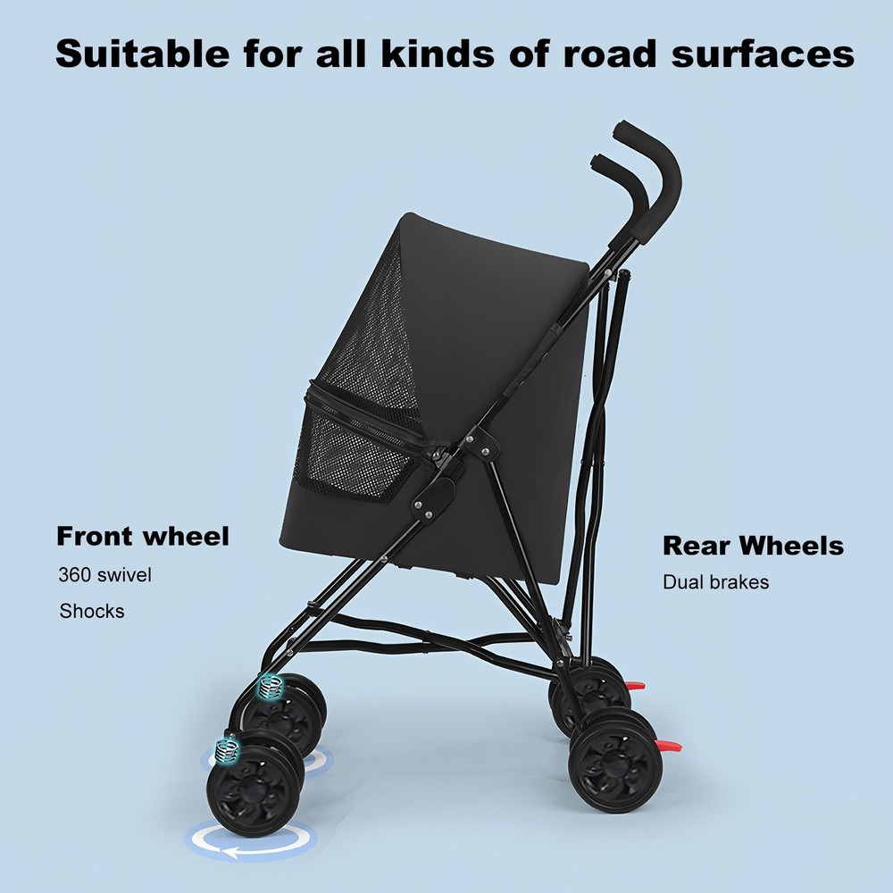 Pet Stroller Lightweight Foldable Mesh Ventilation Cup Holder Black