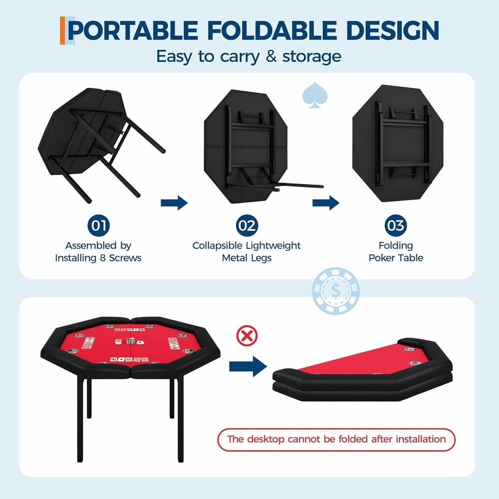 Complete 8-Player Poker Set: Foldable Octagon Table W/ Padded Rail & Cup Holder