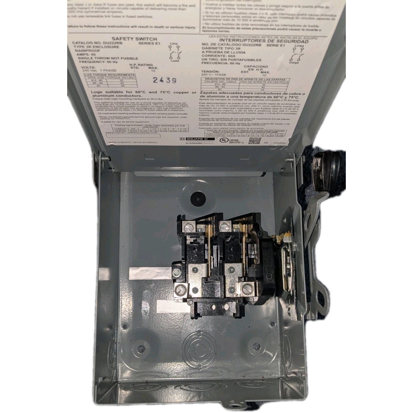 Square D DU222RB Rainproof, Non-Fusible, 60A, 2 pole, 240VAC- New